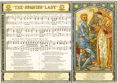 「The Spanish Lady」、「Pan-Pipes」の歌のイラスト、古歌の本、新しくアレンジされ、Theoの伴奏付き。 Marzials、ロンドンでGeorge Routledge und Sonsによって公開された、1884年（色lith） 作： Walter Crane